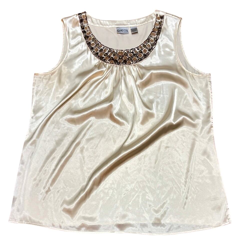Chico's SZ 3 Quinn Tank Top Women's XL 16 Ivory Satin Finish Metallic Beading